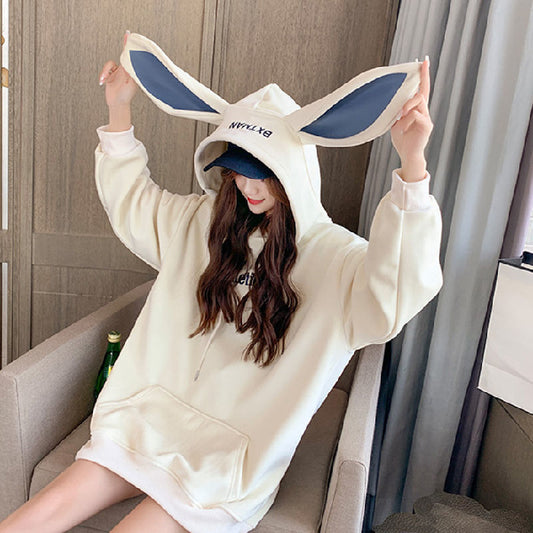 Cute Rabbit Ears Plus Velvet Thick Hoodies Women Long Sleeve Pullover Big Pocket Kawaii