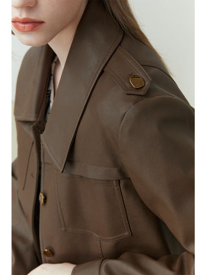 Short Lapel Leather Coat